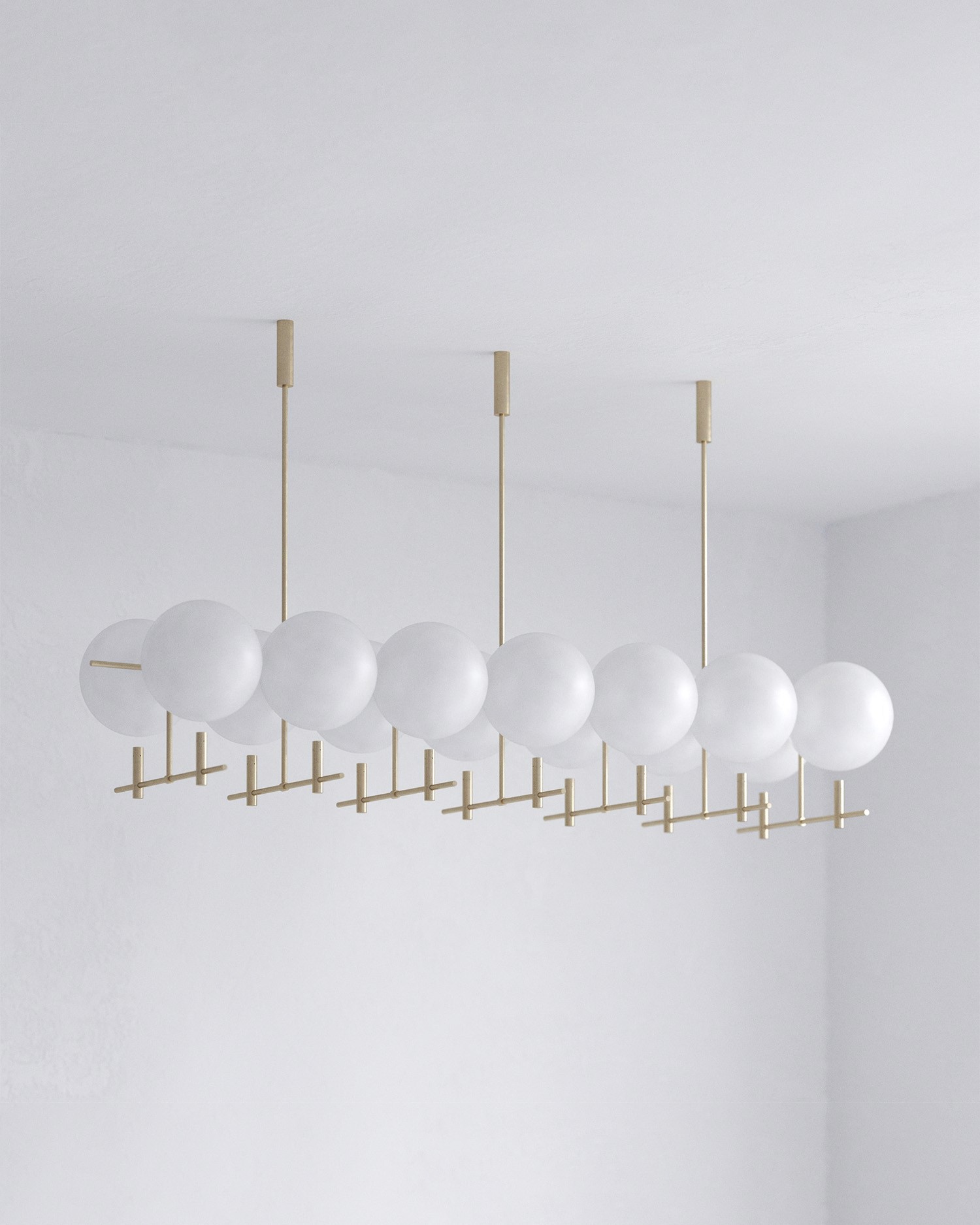 Luna II14 horizontal luminaire with large scale composition and repeated glass spheres by Jiri Krejcirik