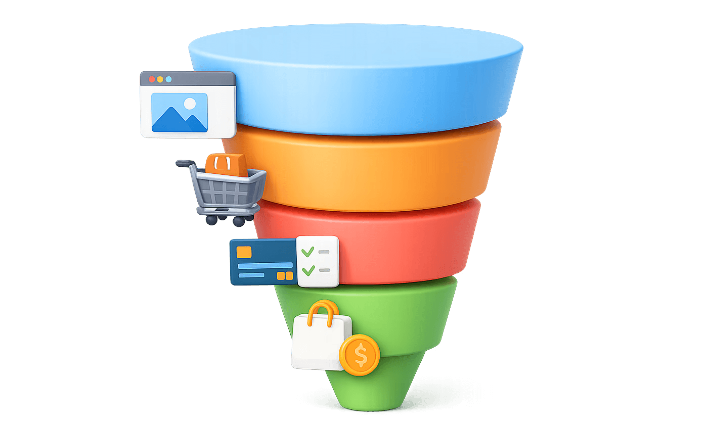 Der Funnel von einer Google Ads Anzeige über den Warenkorb bis hin zur Buchung in anny ist abgebildet.