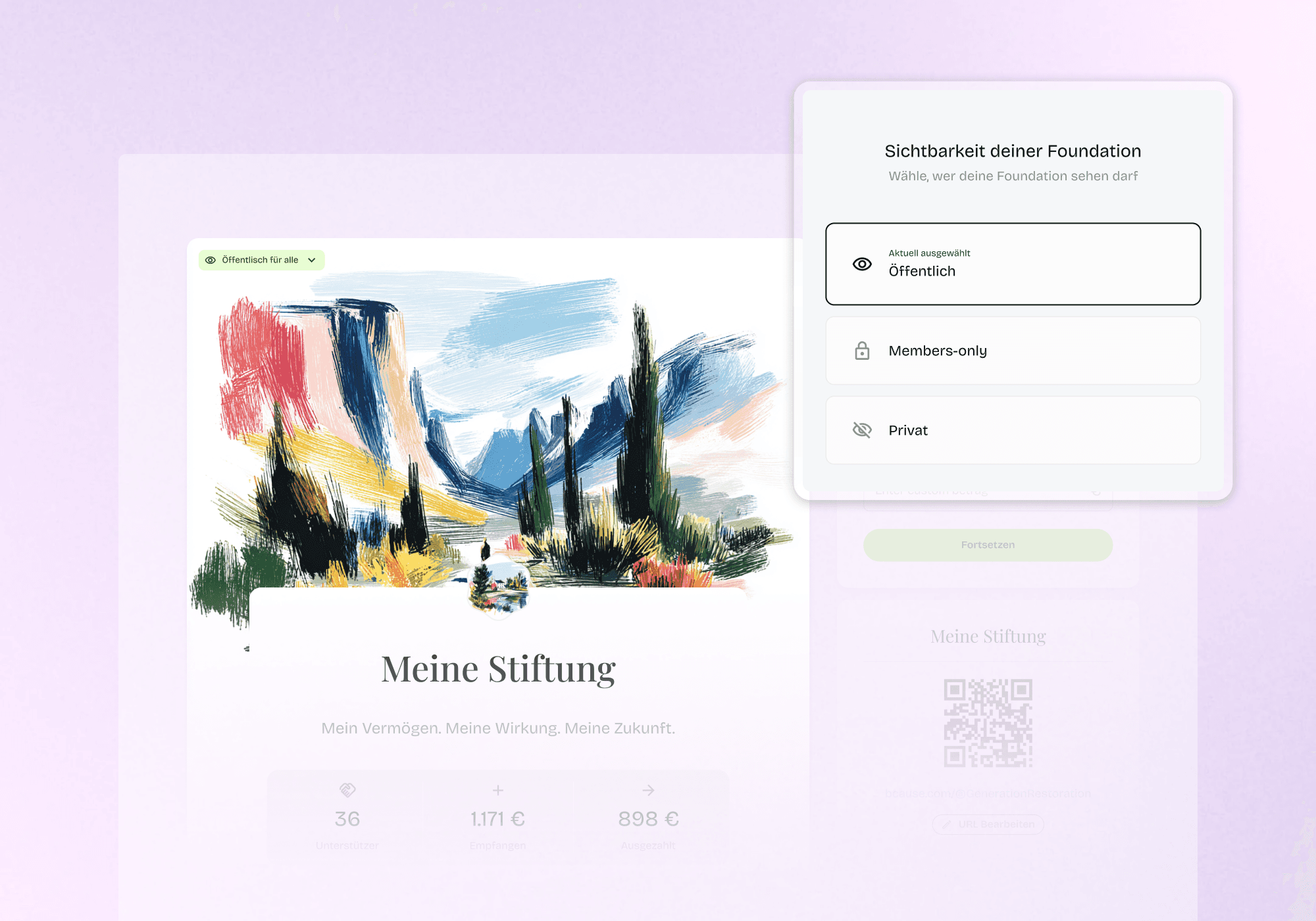 bcause Professional Foundation: Sichtbarkeit flexibel steuern – öffentlich, members-only oder privat – volle Kontrolle darüber, wer deine Foundation sehen darf