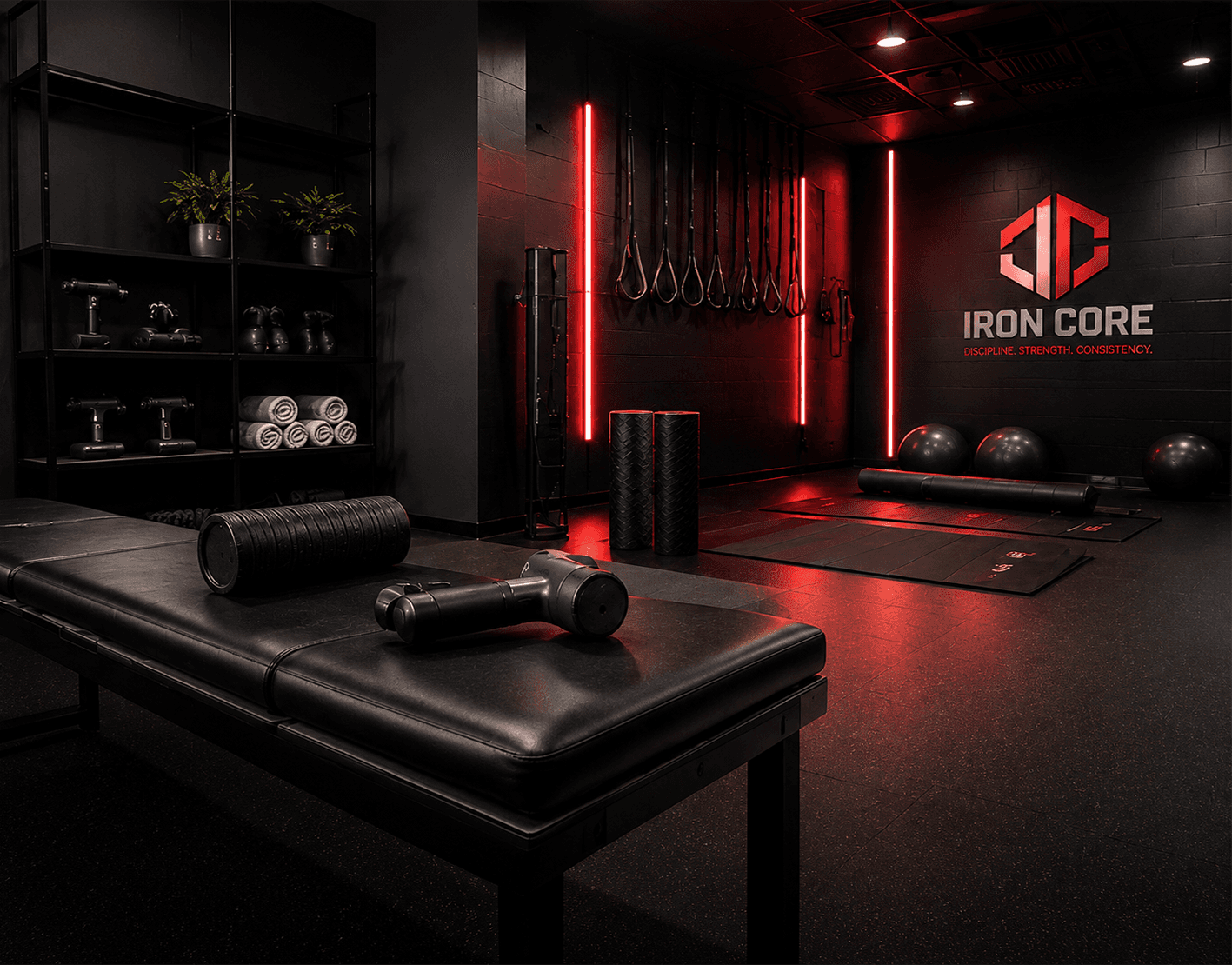A dedicated physical recovery area featuring a massage table, foam rollers, massage guns, and yoga mats.