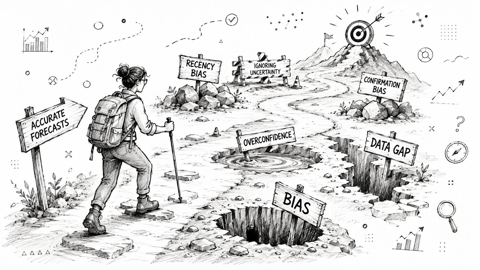 A hiker walking on a path encountering obstacles representing common challenges in accurate sales forecasting.
