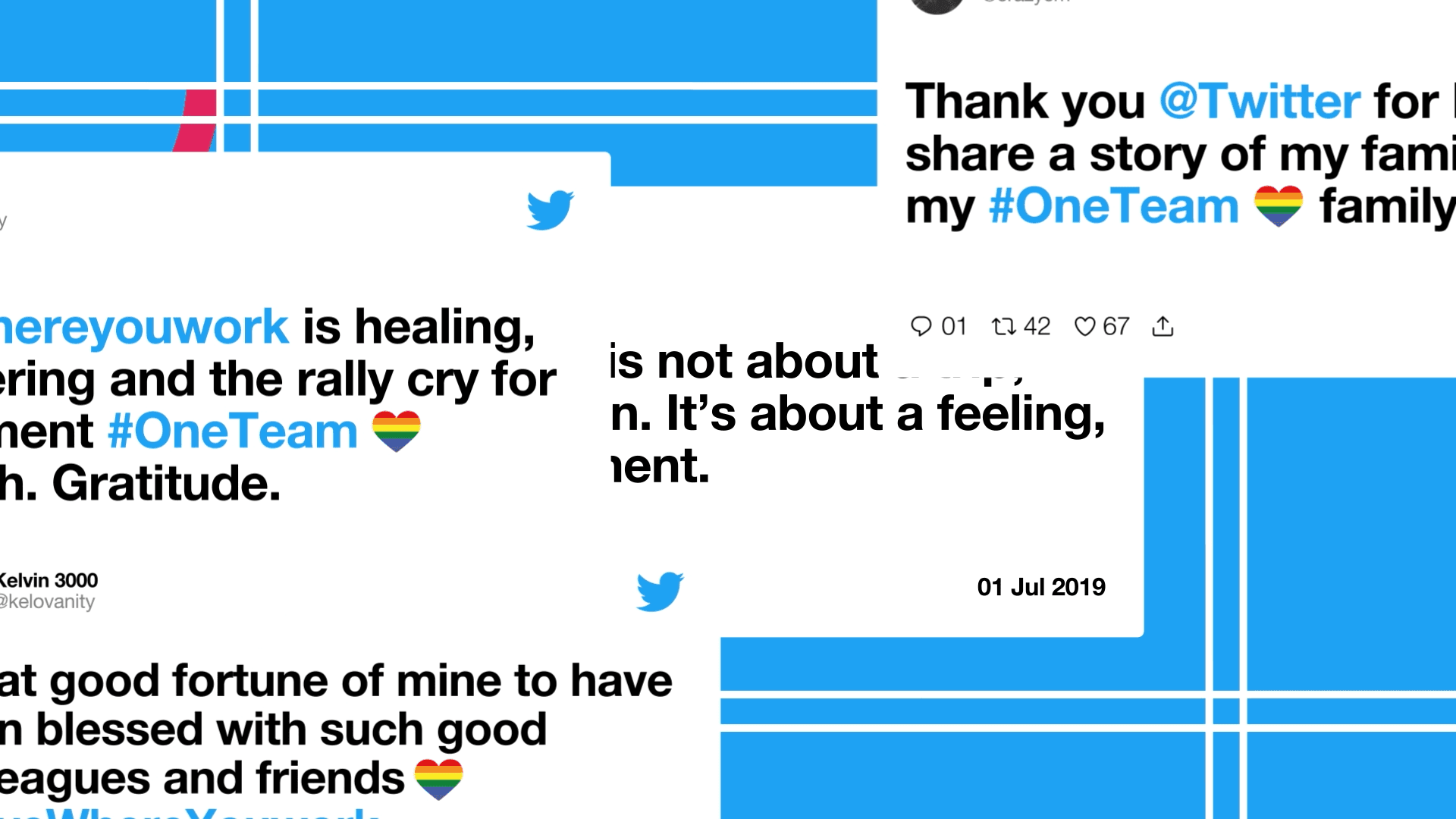 Animated collage of tweets showing gratitude and unity under the #OneTeam campaign