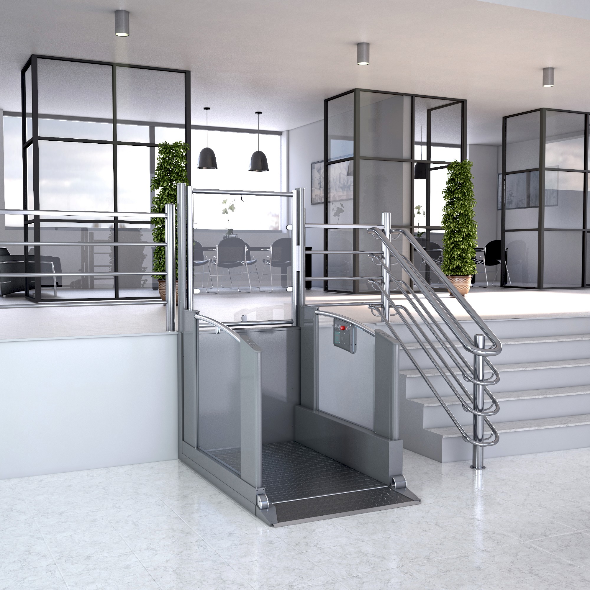 Stainless steel commercial platform step lift beside interior steps in a modern office — Equality Act compliant access solution with glass panels and anti-slip platform