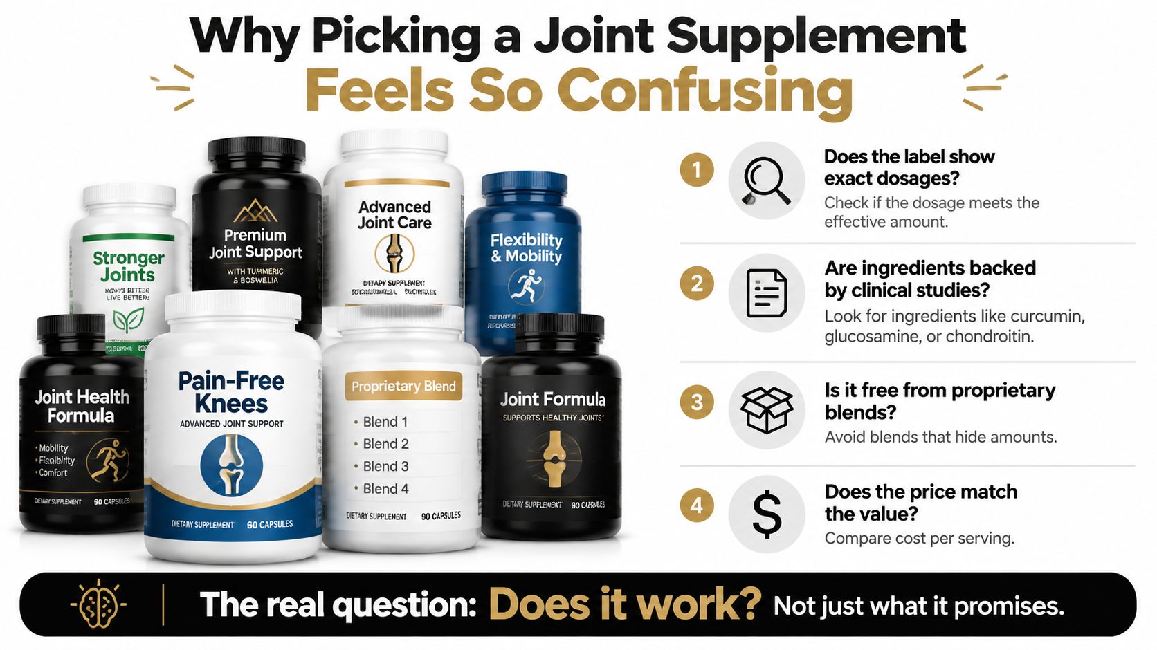 A guide illustrating how to choose the right joint support supplement by examining labels, ingredients, and pricing.