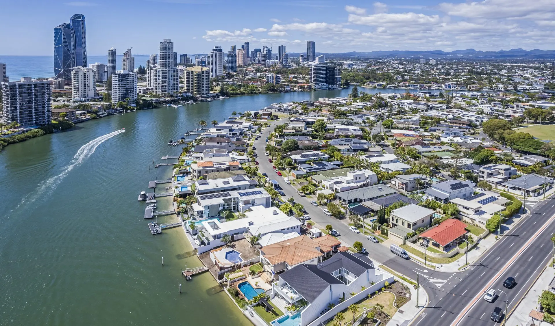 Waterfront properties and skyscrapers in a city.