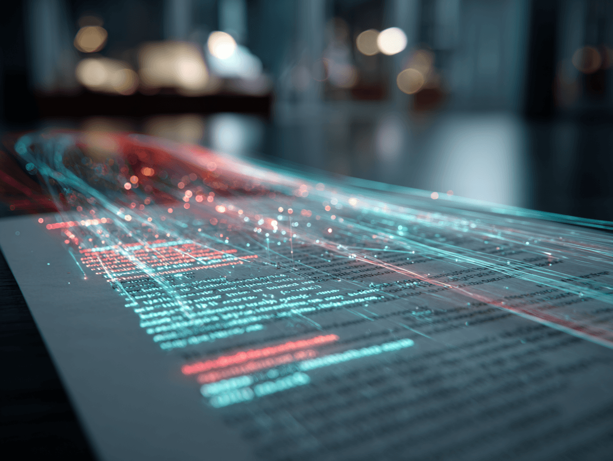 A digital interface overlaying documents, showing automated data extraction and workflow processing.