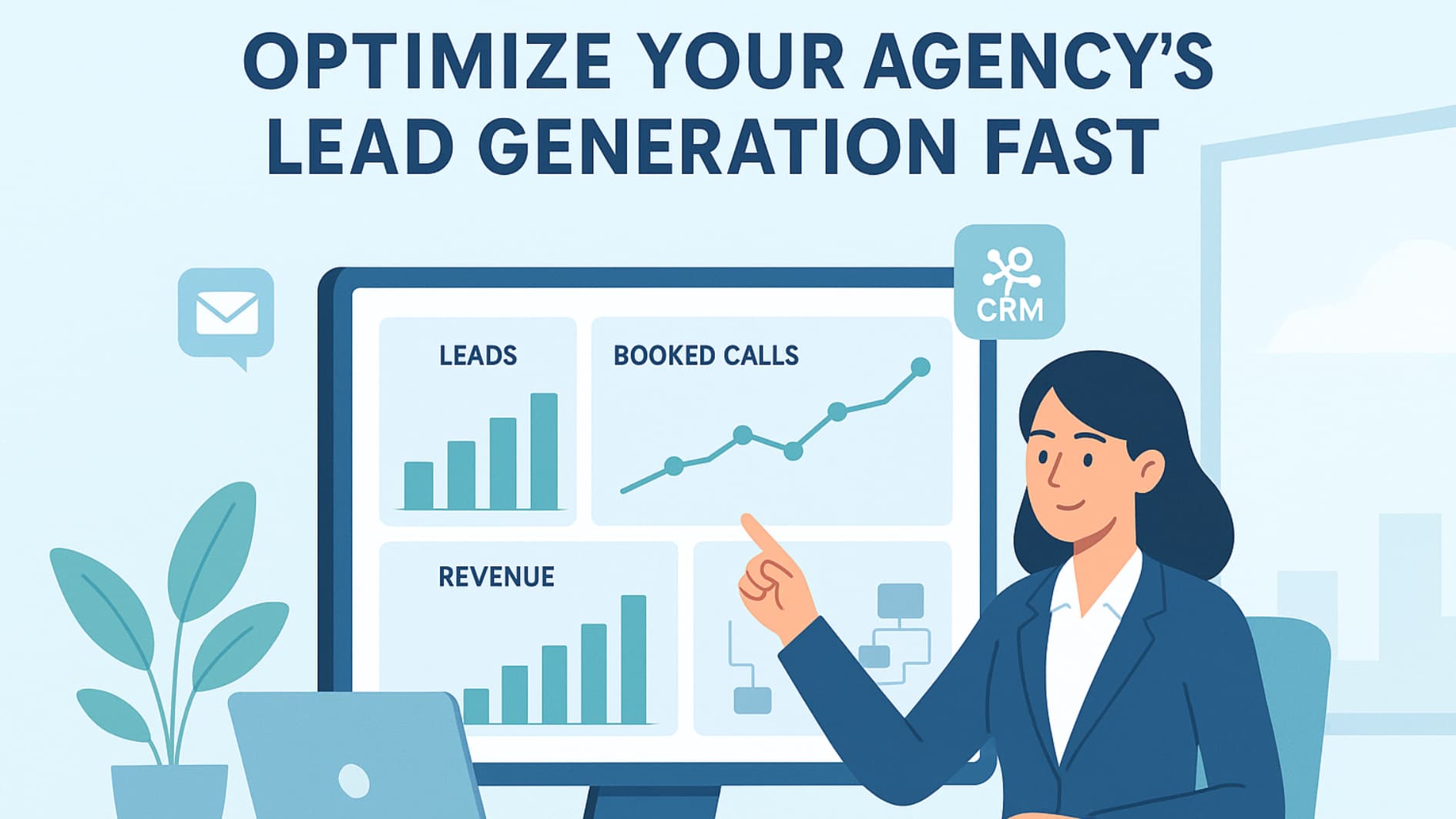Illustration showing marketing professional optimizing agency lead generation with charts and dashboards.