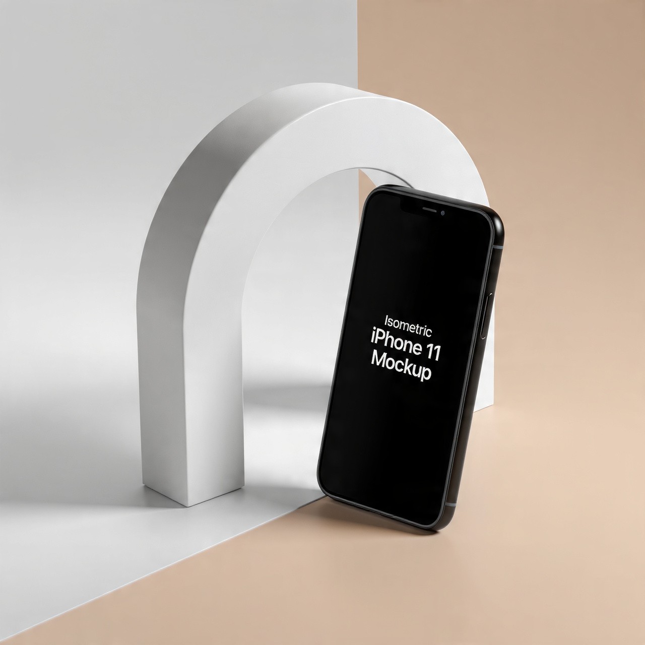 Black iPhone 11 mockup leaning against a white arch on beige.