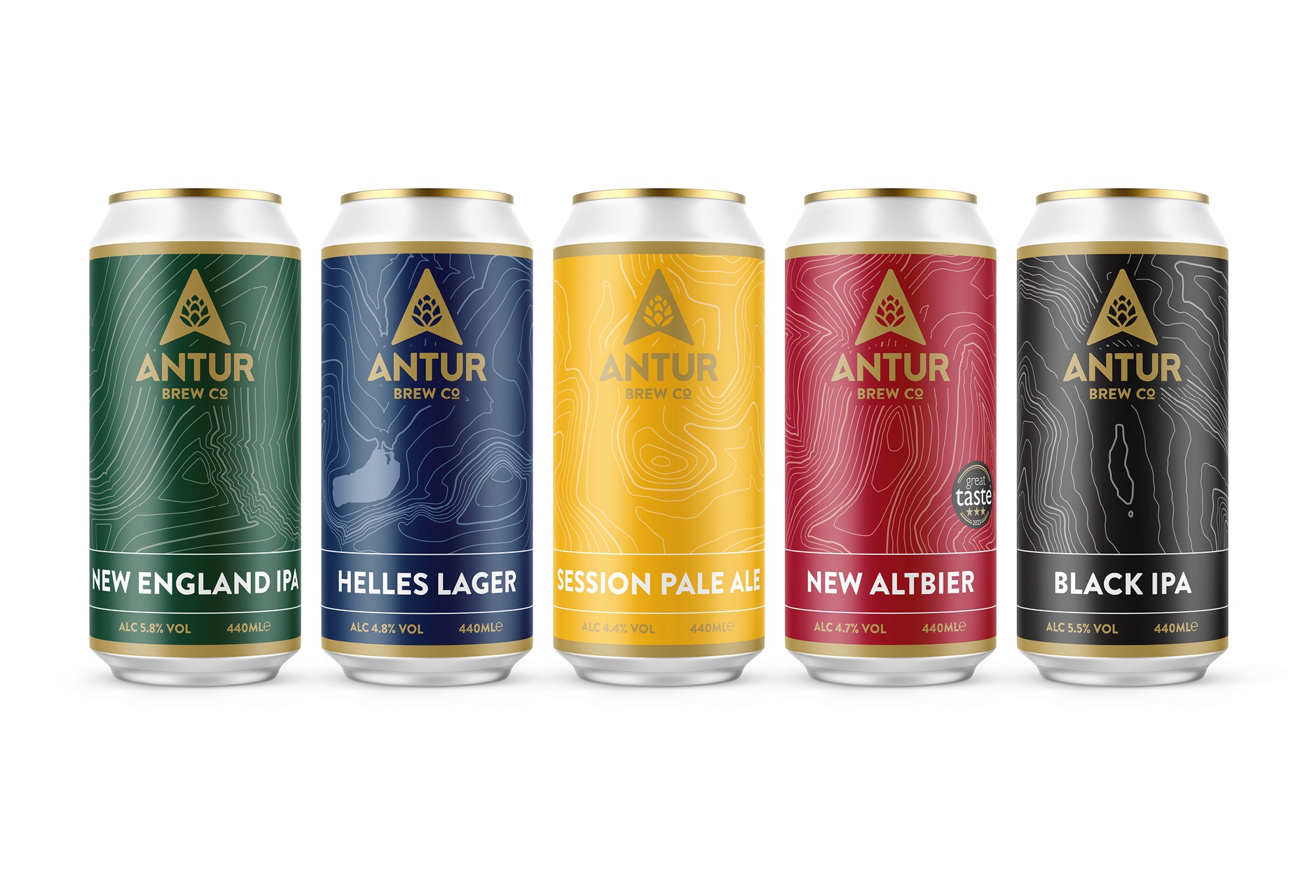 Lineup of five Antur Brew Co beer cans featuring New England IPA, Helles Lager, Session Pale Ale, New Altbier, and Black IPA.