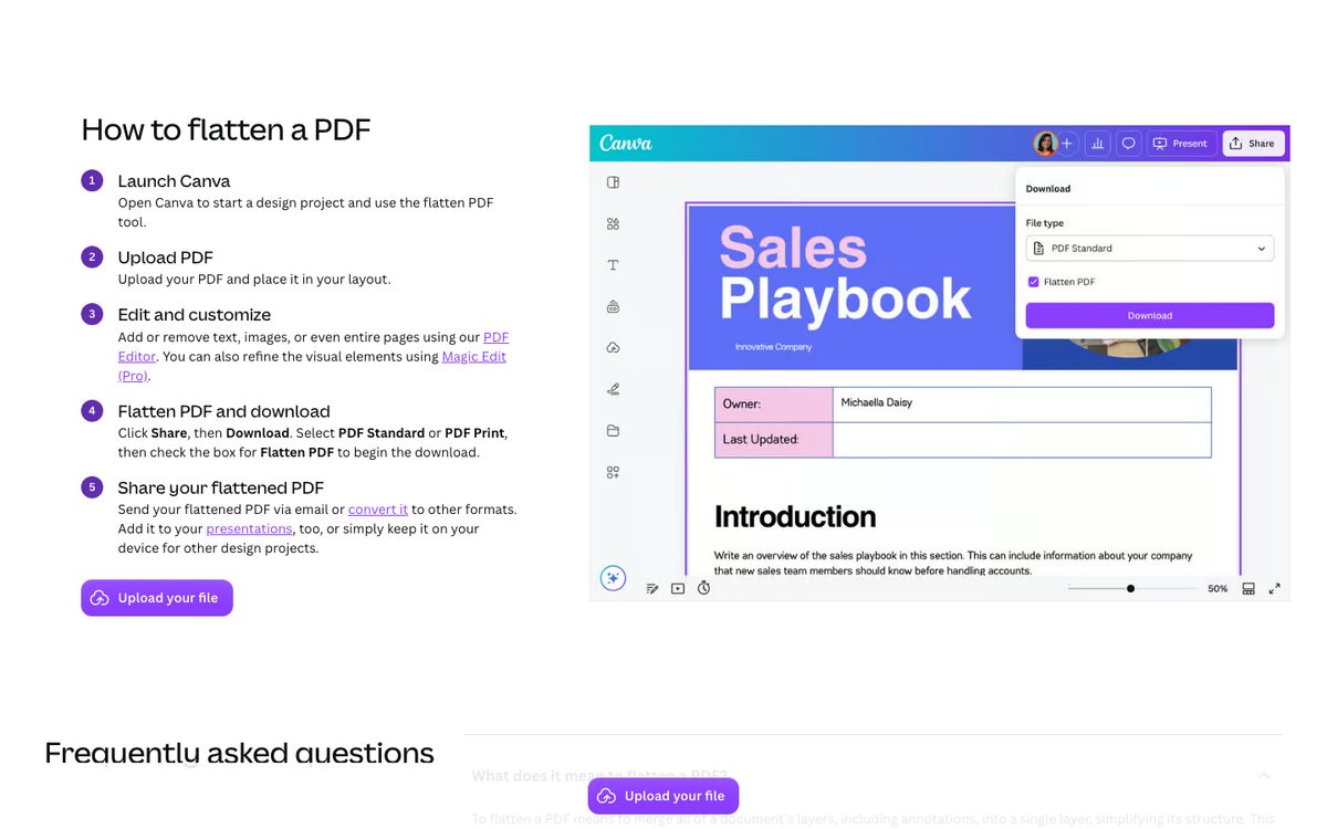Canva’s download menu with PDF Standard selected and the Flatten PDF checkbox