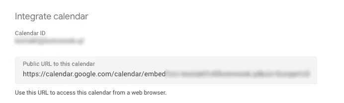 Google Calendar integration details: Screenshot showing 'Integrate calendar' section with Calendar ID and Public URL. Illustrates how to obtain the shareable link for Google Calendar, a crucial step in Lucas Ostrowski's guide on connecting Google Calendar to Notion for enhanced productivity automation.