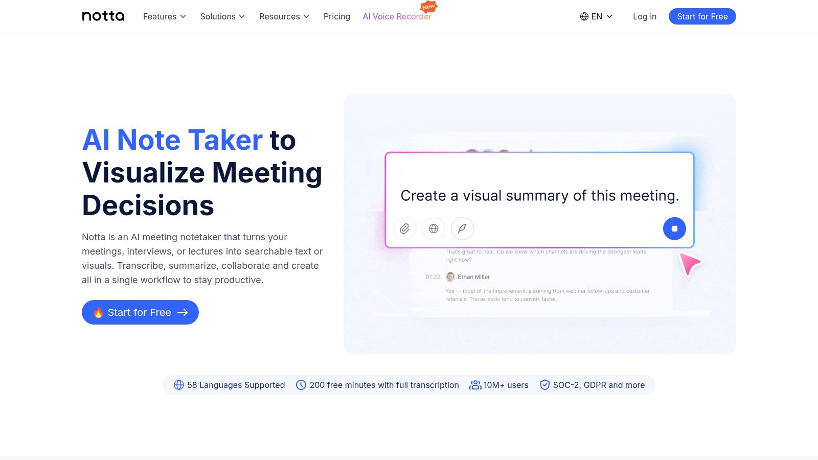 Notta user interface showing a meeting transcript with a summarized overview and speaker labels.