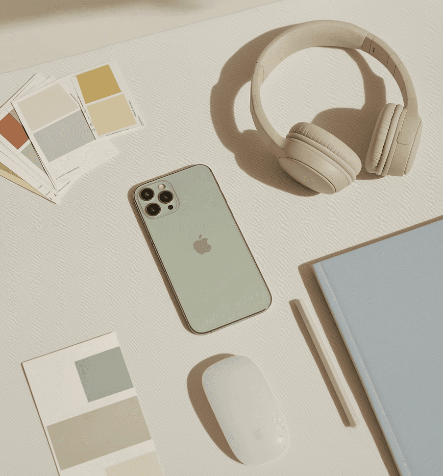 Minimalist desk setup with green iPhone, headphones and color swatches