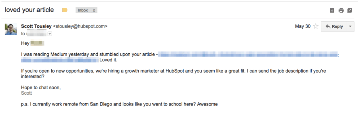 How HubSpot Hires Growth Marketers - Email Outreach To Sharers