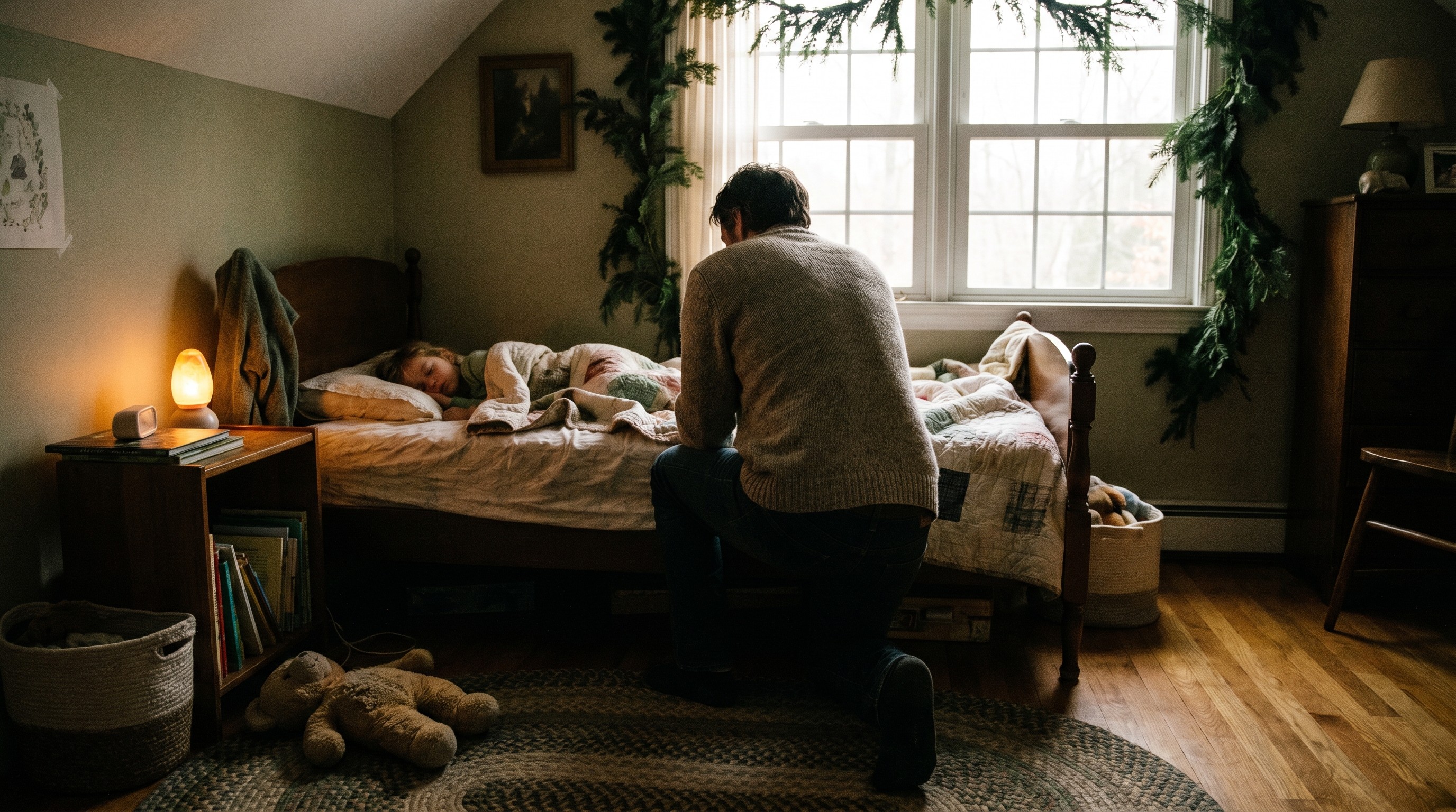 Parent gently tucking in a sleeping school-age child in a softly lit Pacific Northwest bedroom at dawn