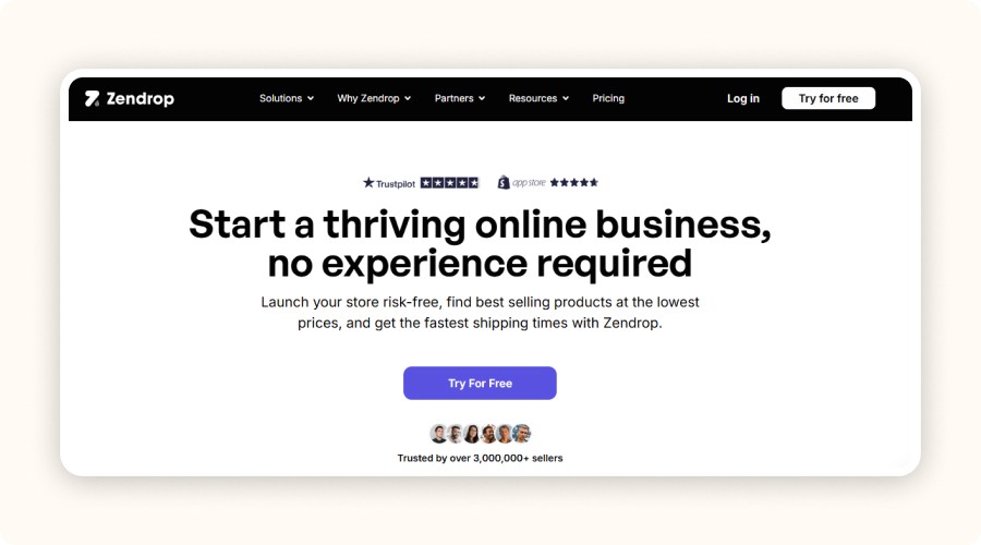 Zendrop homepage promoting fast shipping and beginner-friendly tools