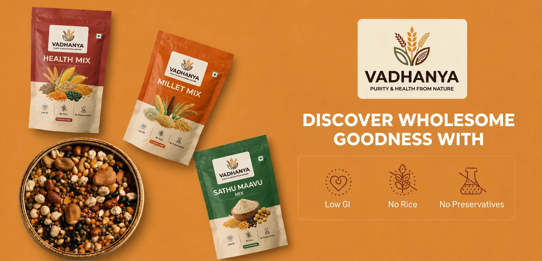 Vadhanya organic health mixes including Health Mix, Millet Mix and Sathu Maavu made with natural ingredients for healthy nutrition.