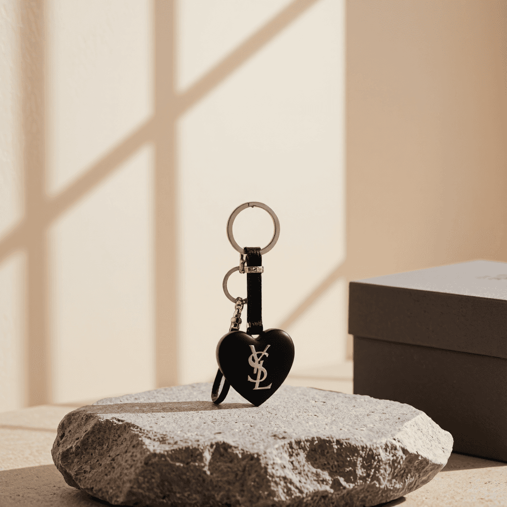 product photography of a keychain with a heart-shaped pendant