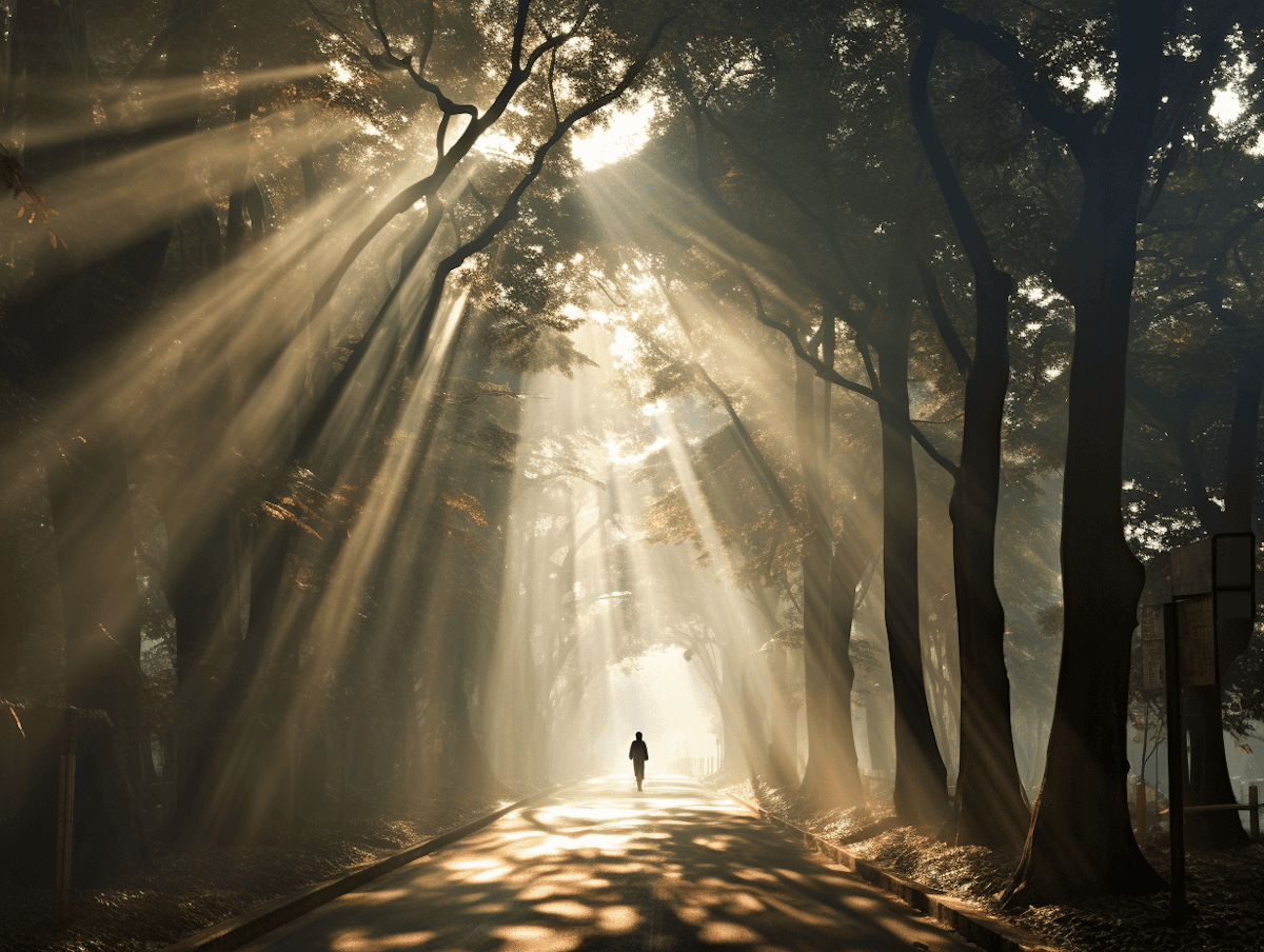 Person walking through a sunlit forest tunnel, symbolizing personal growth, healing, and life transitions.