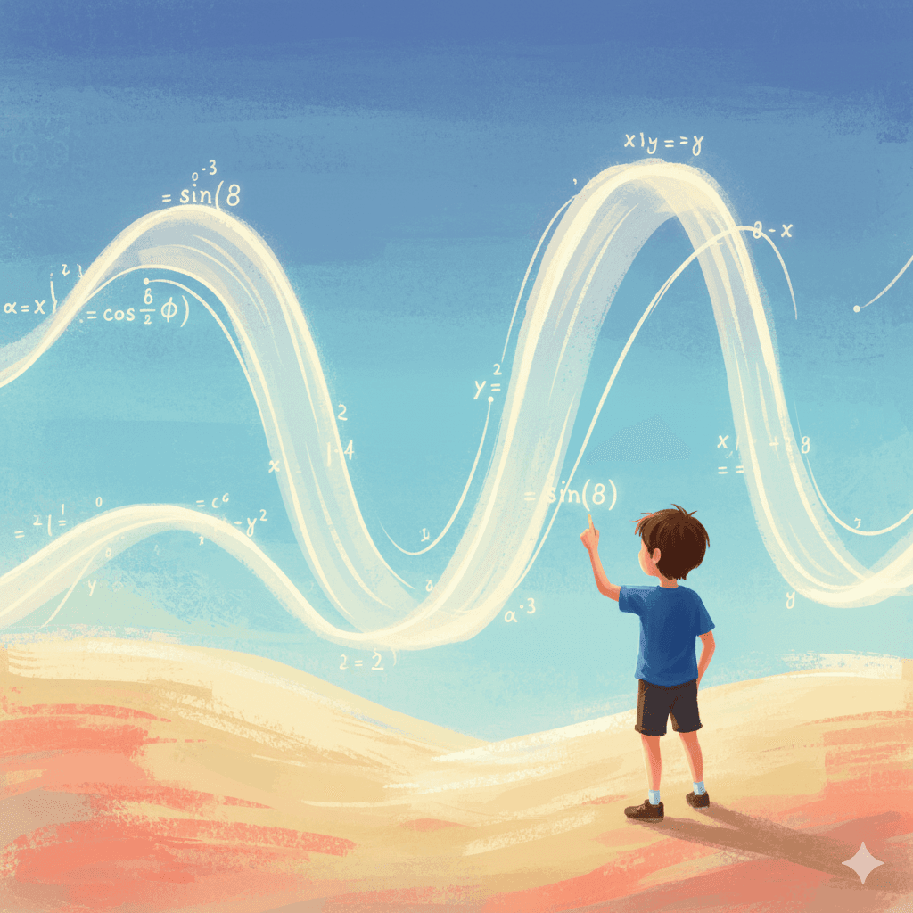 Jovem descobrindo beleza das funções trigonométricas representadas como ondas naturais com fórmulas matemáticas