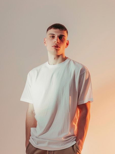 A young man in a white t-shirt stands against a light-colored background.