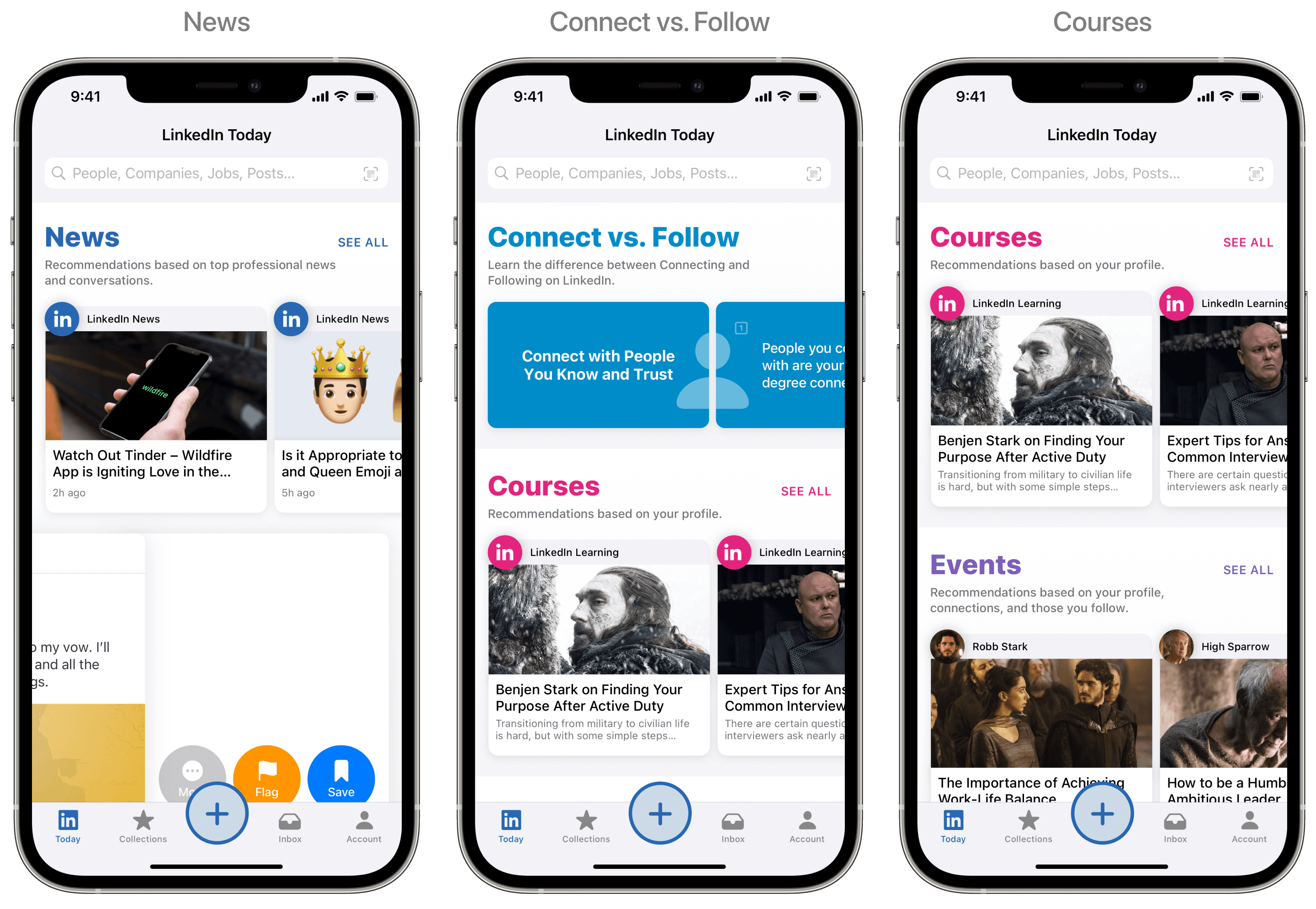 LinkedIn Today sections for News, Connect versus Follow, and Courses