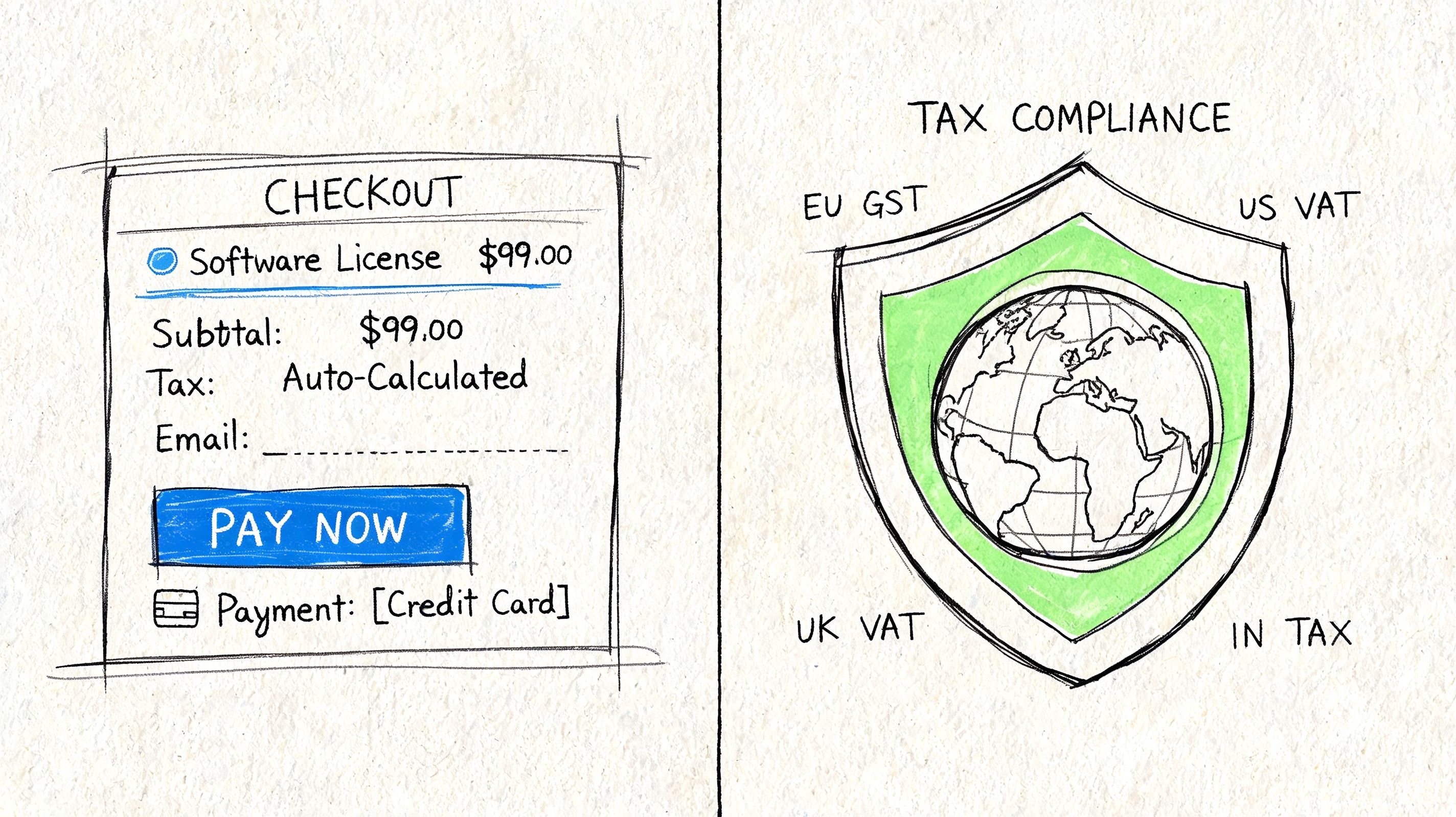 A hand-drawn illustration depicting a simplified checkout page alongside a shield icon representing global tax compliance.