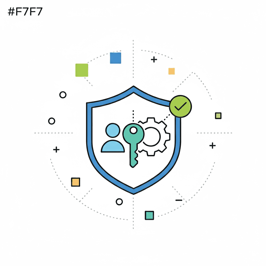 Account security icon showing a key and a gear inside a shield with a verified checkmark.
