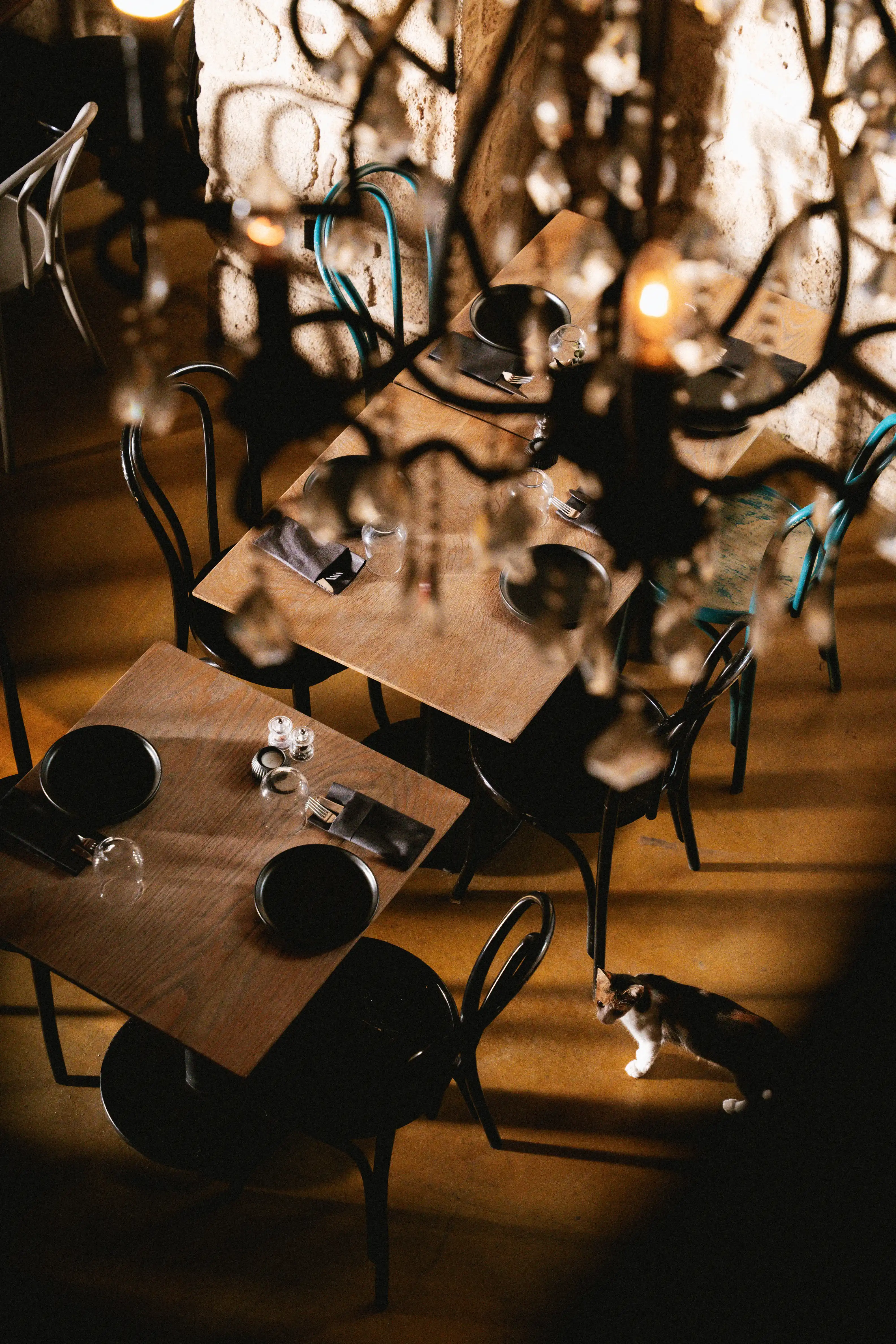 Restaurant bar with guests seated at tables and bartenders at work.
