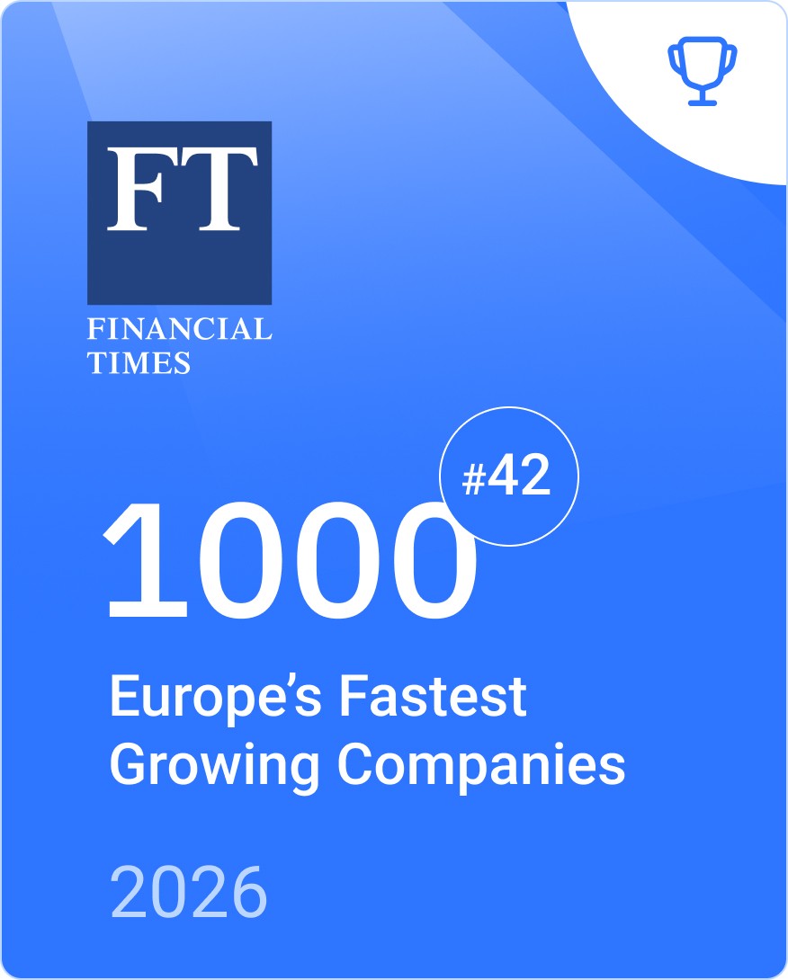 Blue background with "FT" logo at top left, text: "1000 Europe's Fastest Growing Companies 2026," ranked #42. Trophy icon at top right.