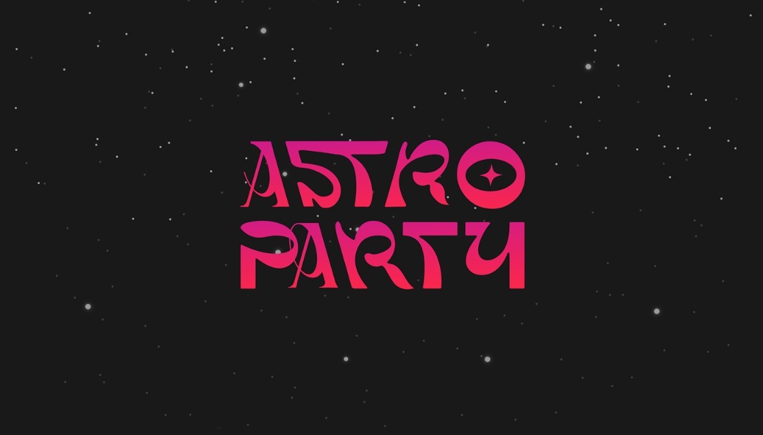 Texte 'Astro Party' en police futuriste rose sur fond noir étoilé.