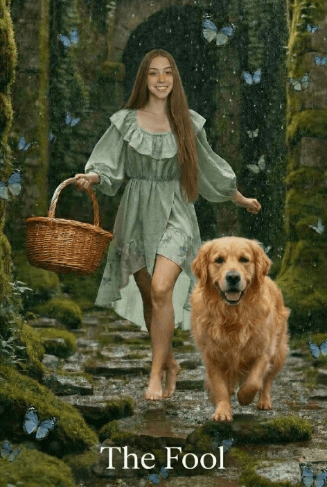 a photo of a sketch of The Fool for Pam's tarot deck that features cassy with her dog willow, pam's granddaughter and her pet