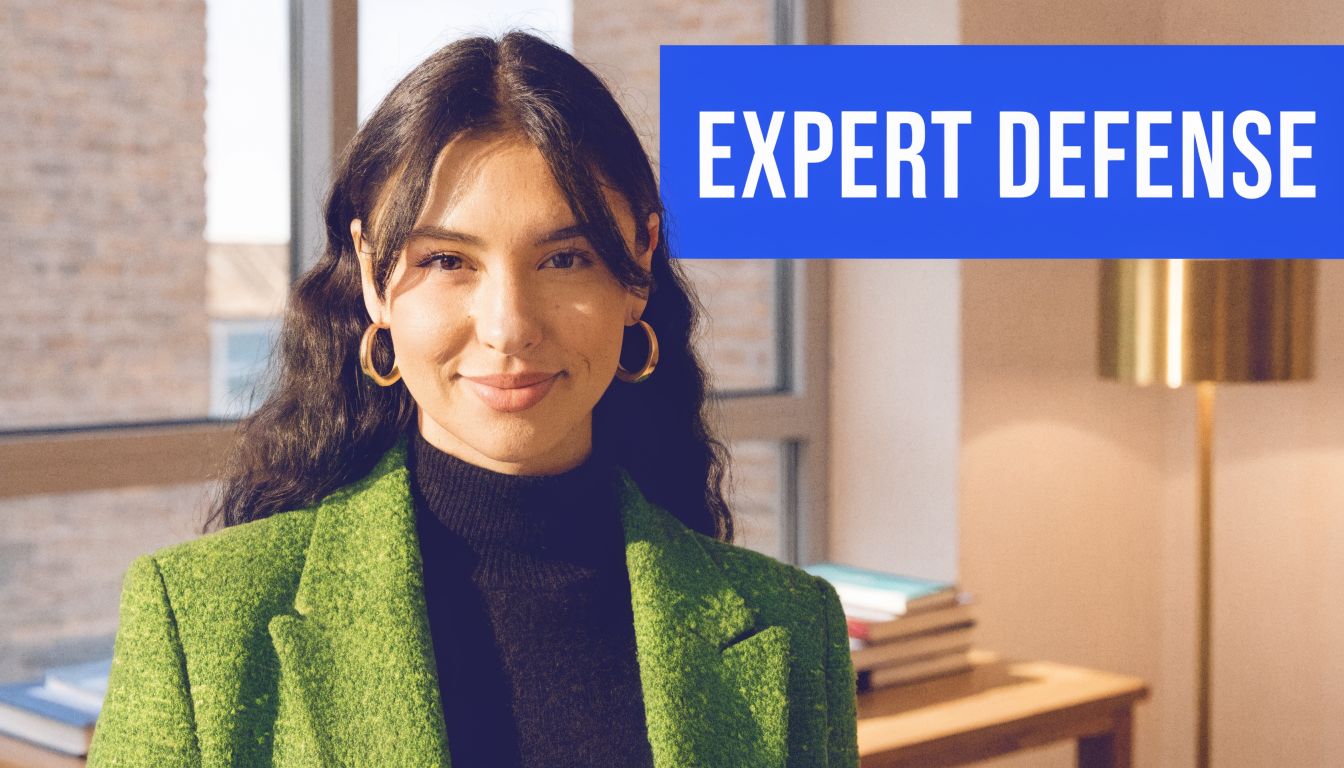 A professional woman in a green blazer stands smiling in an office with the text Expert Defense.