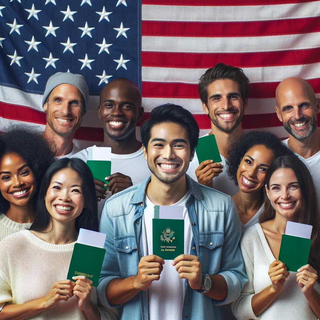 A diverse group of people smiling and holding their Green Cards, standing proudly in front of an American flag backdrop, symbolizing the achievement of permanent residency in the United States.