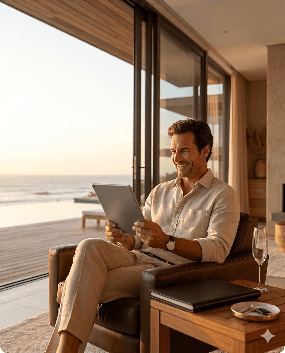 Investidor tranquilo aproveitando o por do sol.