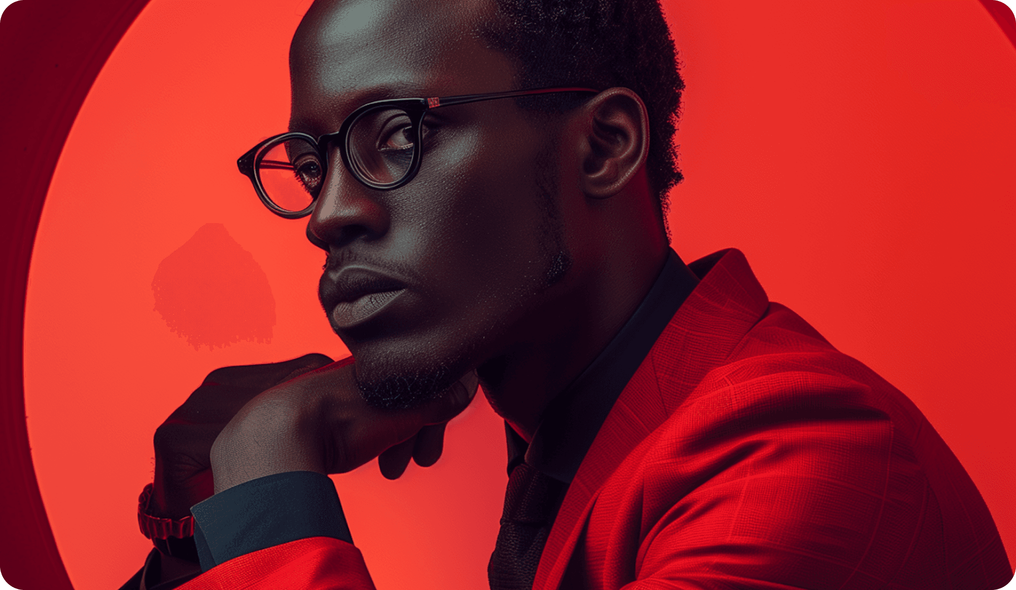 Man in glasses and a red jacket resting his chin on his hand against a red backdrop