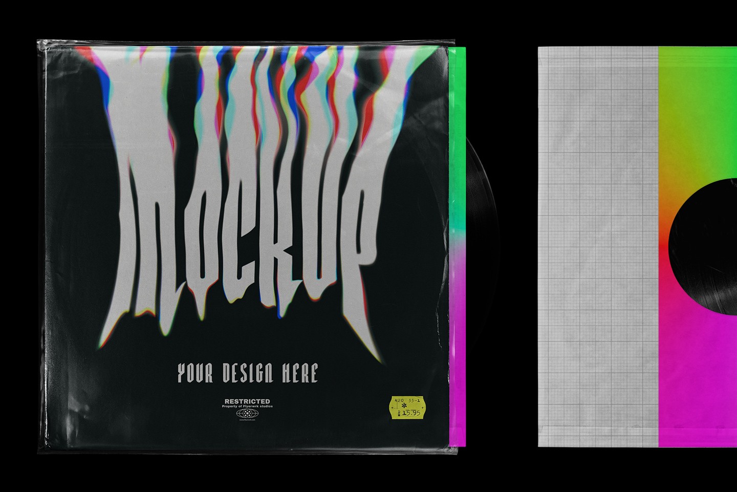 Vinyl record mockup with distorted album artwork preview and visible record sleeve