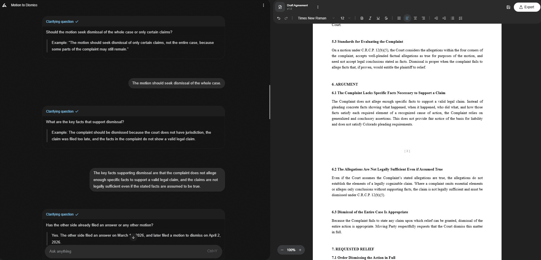 Split-screen interface showing an AI Lawyer drafting tool gathering details for a motion to dismiss on the left, while a formatted draft document on the right outlines arguments for dismissing the entire case due to insufficient factual allegations and legally inadequate claims.