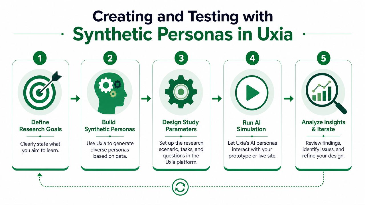 A five-step infographic showing the process of creating and testing products with synthetic personas in Uxia.