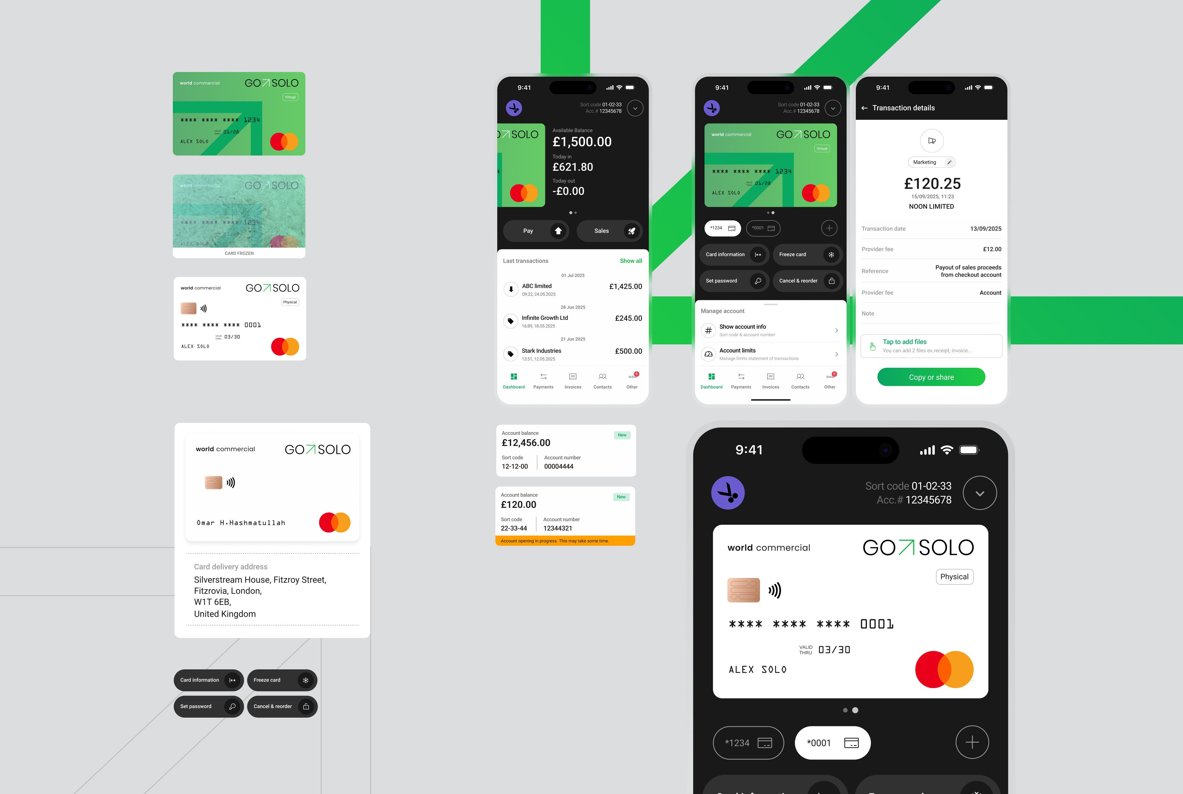 SME banking dashboard showing account overview, card management, and detailed transaction insights.