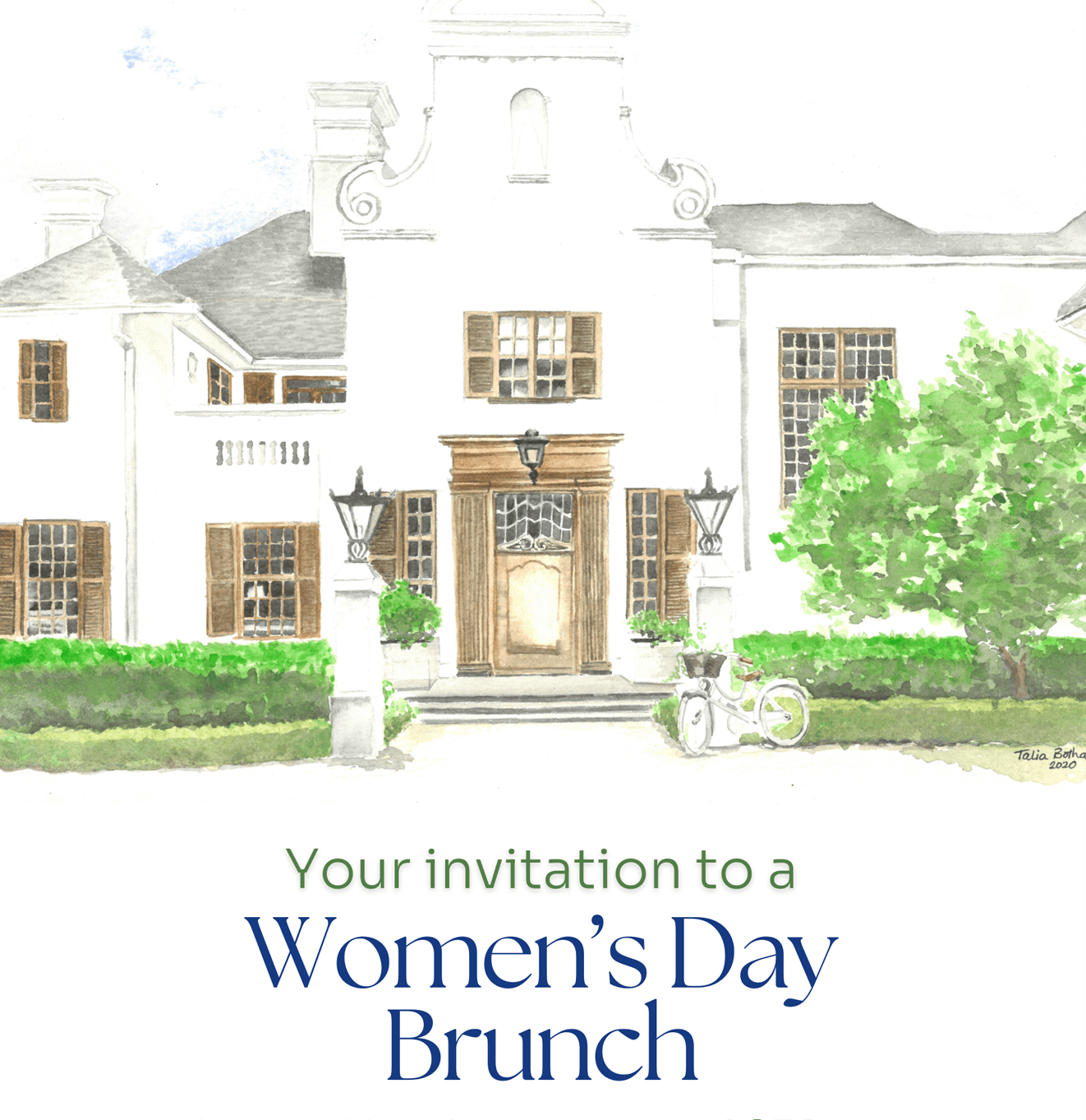 Invitation featuring the Women’s Day venue watercolour rendering.