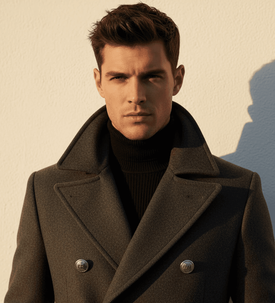 Handsome man in brown double-breasted wool coat and black turtleneck at sunset.