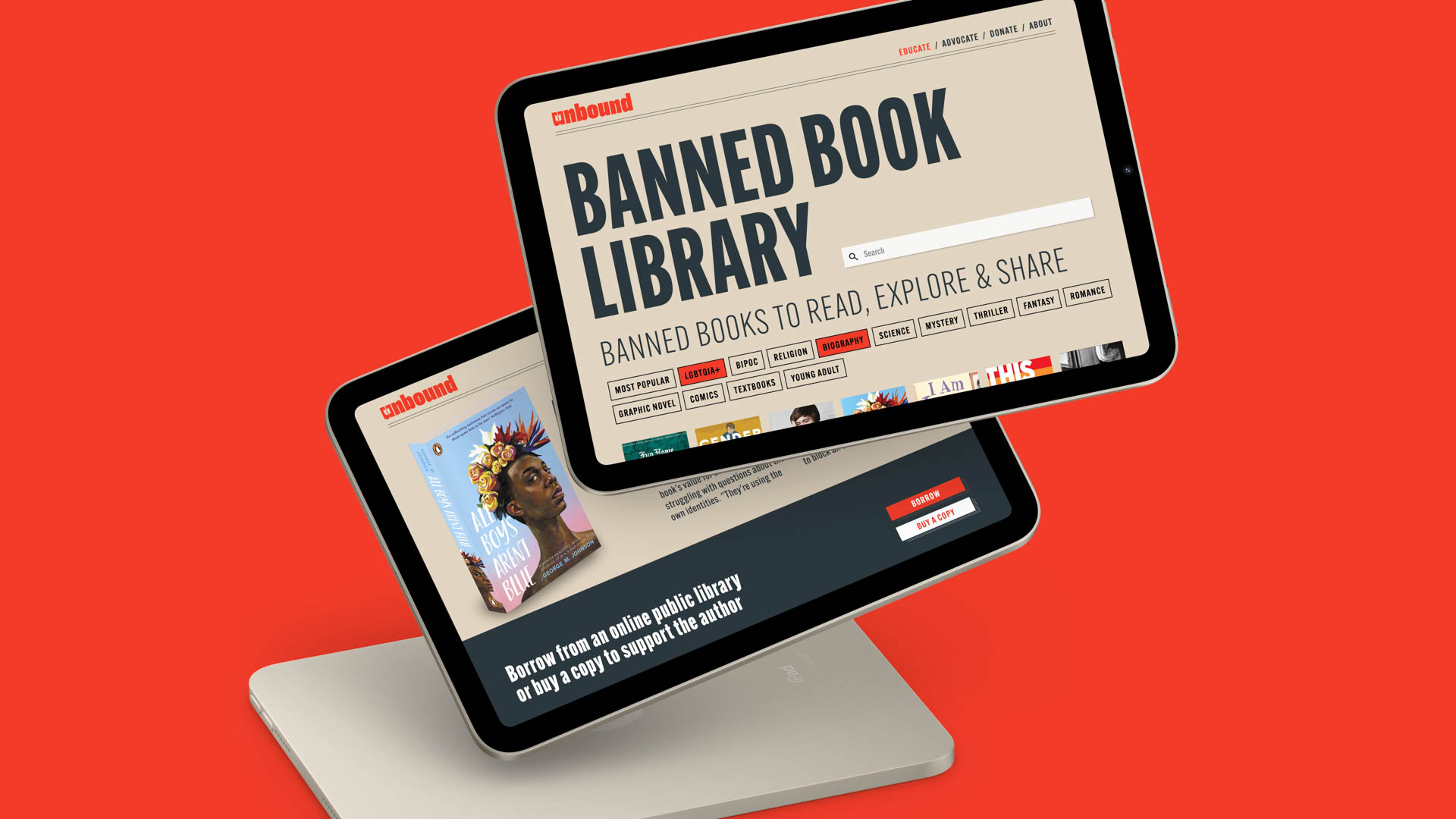 Two tablets are displayed against a red background. The tablet on top shows the Cinembound website, featuring a banner reading "BANNED BOOK LIBRARY" and categories like "MOST POPULAR," "BOOKS," "FANTASY," "ROMANCE," and "FICTION." The tablet below displays a promotional image for the Cinembound website, emphasizing the online public library and copy-to-copy support. Both tablets are angled slightly.
