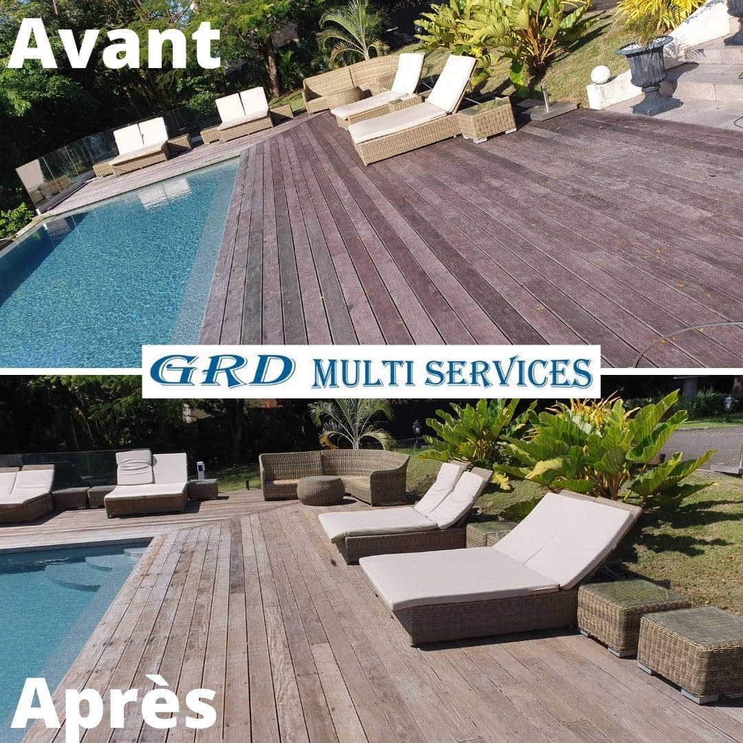 Avant et après le nettoyage haute pression : Terrasse en bois · bord de piscine