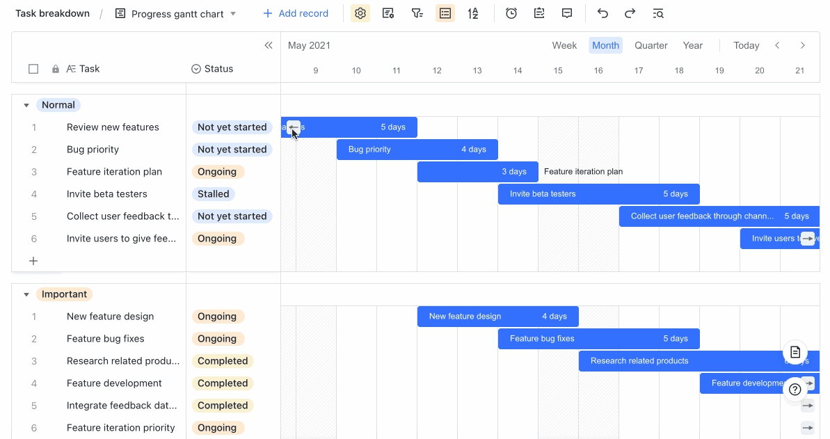 lark base, create tasks, view progress through gantt chart structure