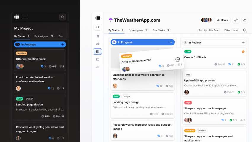 Kanban dashboard UI in Figma with drag-and-drop cards and project management components