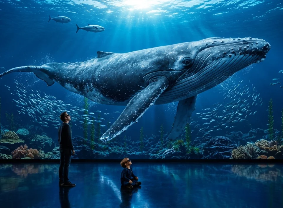 Une femme et une enfant souriantes prennent un selfie devant un écran géant affichant un ours polaire en hologramme.