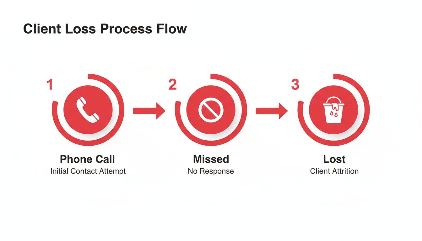 Process flow illustrating three stages of client loss: initial phone call, missed response, and client attrition.