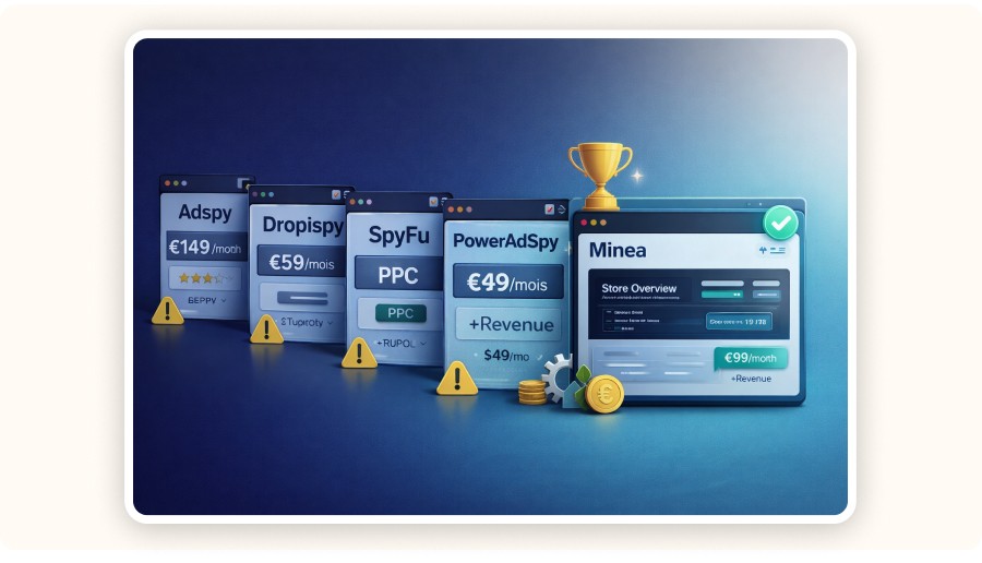 Illustration comparant plusieurs outils ecom spy, avec un outil gagnant mis en avant.