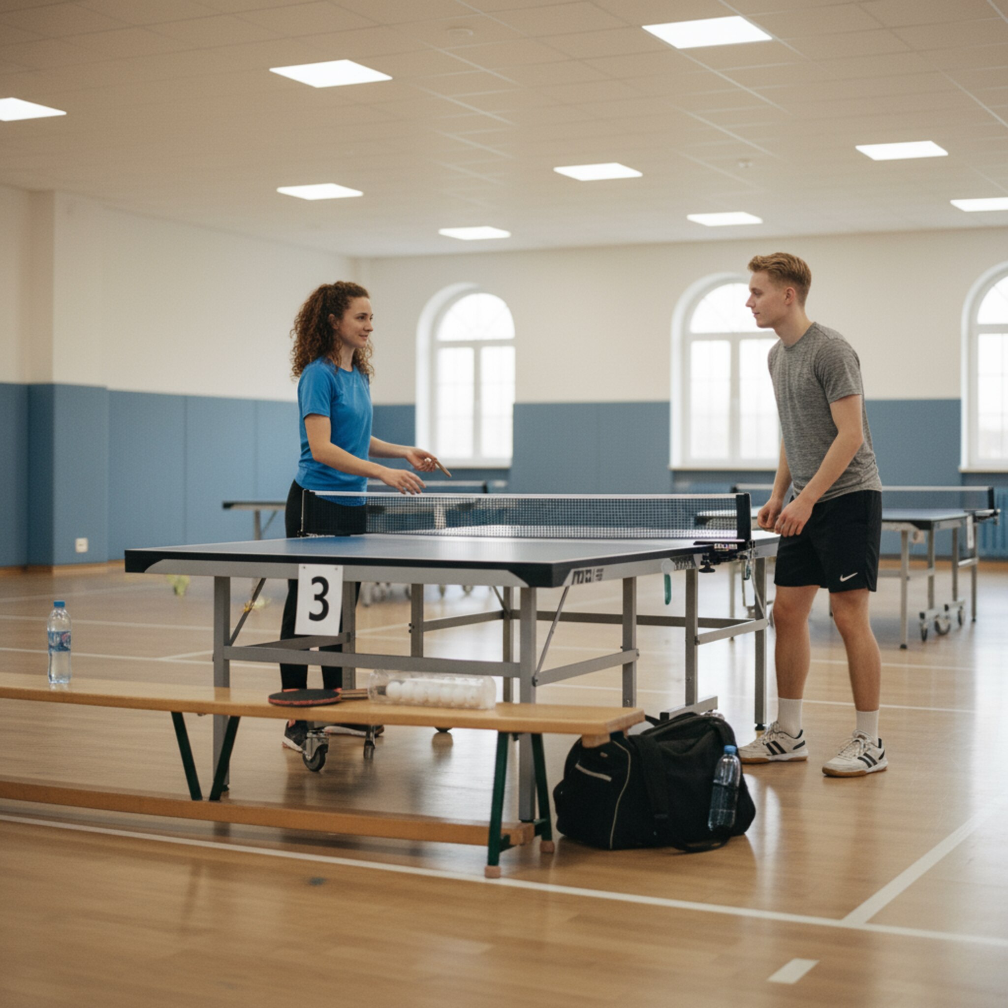 Ein nummerierter Tisch steht unter hellem Deckenlicht, zwei Freunde legen Schläger und eine frische Ballröhre auf die Bank. Neben der Platte liegt eine Sporttasche mit Wasserflasche bereit. Ein kurzer Blickwechsel, dann Aufschlagvorbereitung in lockerer Atmosphäre. Die Szene wirkt unkompliziert, fokussiert und startklar.